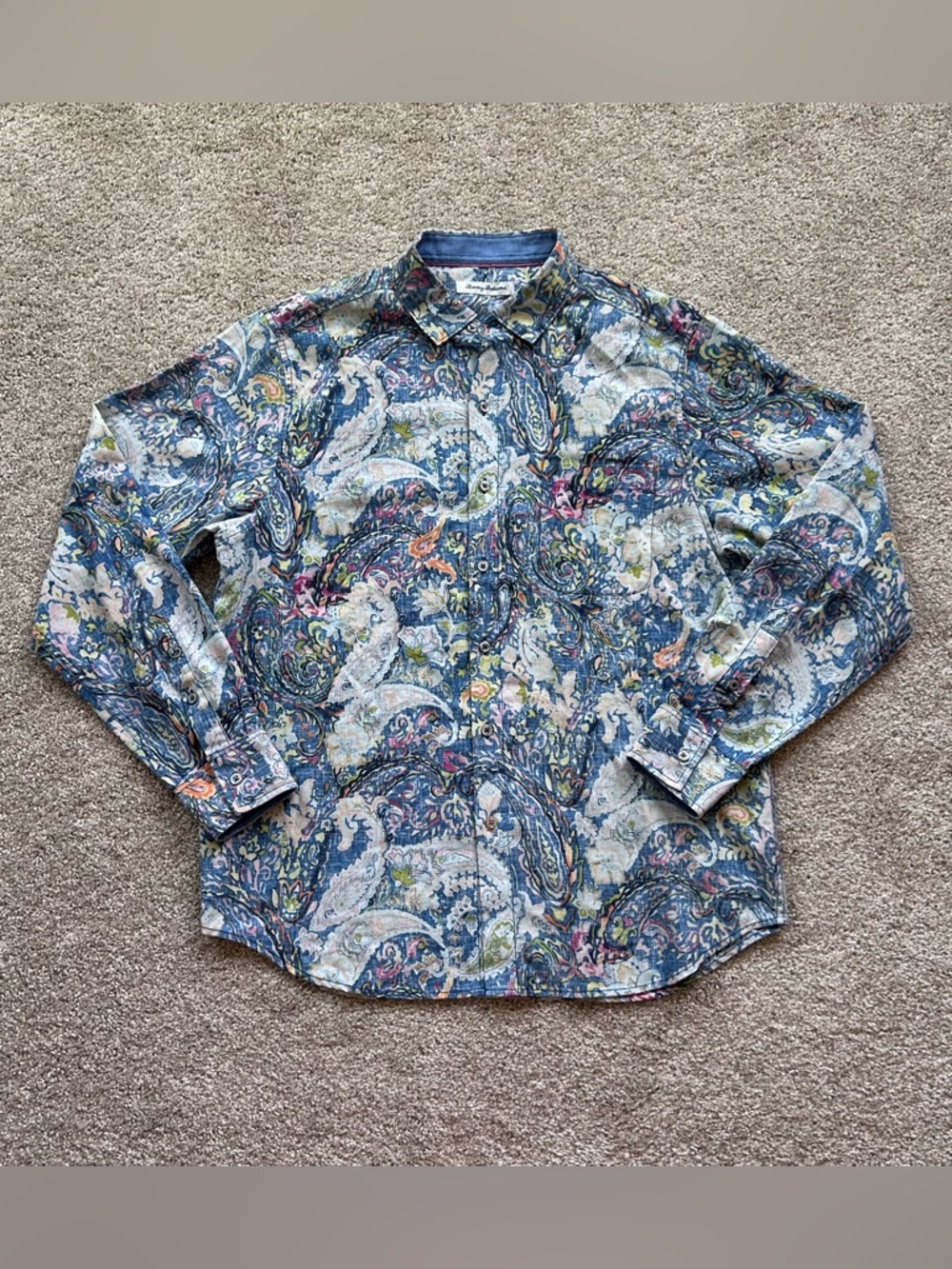 Tommy Bahama Men's Medium Linen Blend Paisley Button Down Shirt 37.5 Technology
